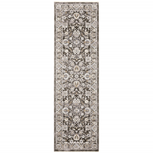 2' X 8' Grey And Ivory Oriental Power Loom Stain Resistant Runner Rug With Fringe
