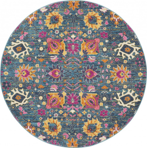 5' Blue And Orange Floral Distressed Round Rug