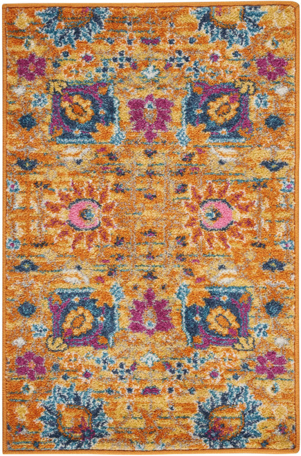 Homeroots Home Decor Sun Gold and Navy Distressed Scatter Rug, 2 x 3 Inch