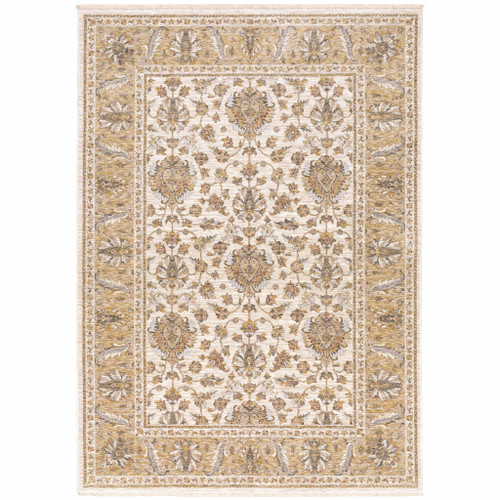3' X 5' Ivory And Gold Oriental Power Loom Stain Resistant Area Rug With Fringe