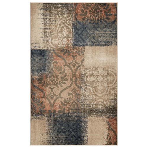 8' X 10' Blue And Ivory Damask Distressed Area Rug
