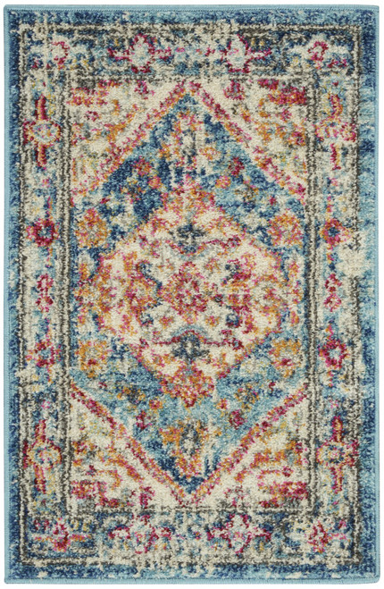 Homeroots Home Decor Ivory and Light Blue Distressed Scatter Rug, 2 x 3 Inch