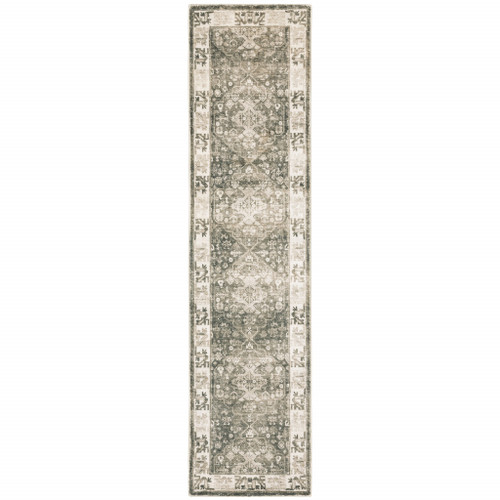 8' Gray and Ivory Oriental Power Loom Runner Rug Polyester