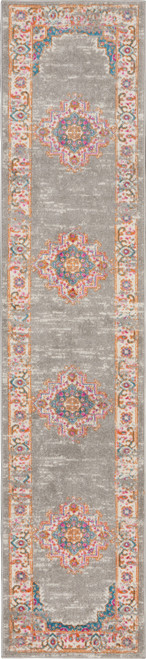 10' Gray And Gold Medallion Distressed Runner Rug