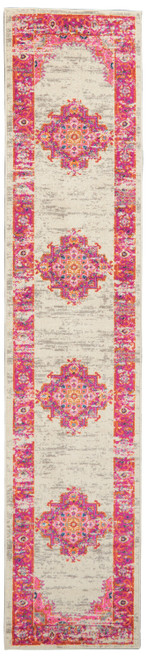 10' Ivory And Fuchsia Oriental Distressed Runner Rug