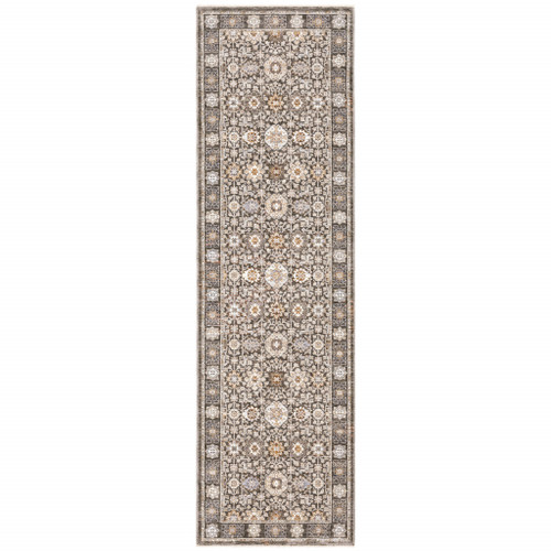 2' X 8' Grey And Ivory Oriental Power Loom Stain Resistant Runner Rug With Fringe