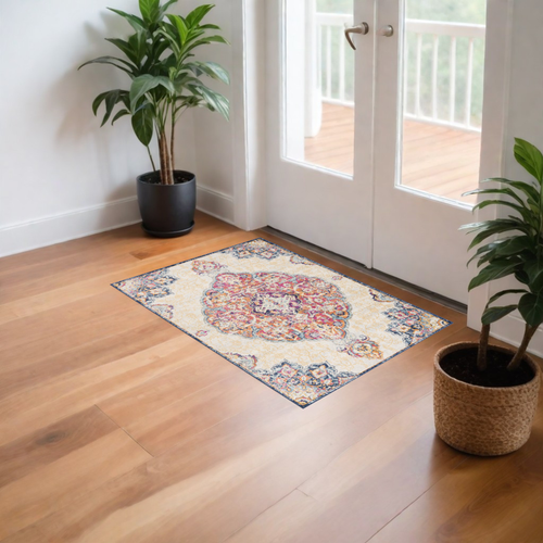 2' X 4' Blue and Beige Medallion Area Rug