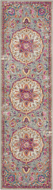 8' Gray And Ivory Medallion Runner Rug