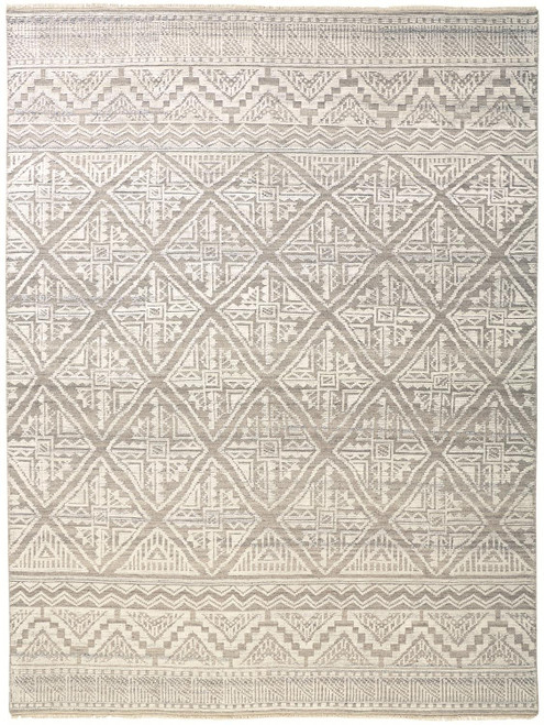 2' X 3' Gray and Ivory Geometric Hand Knotted Area Rug Viscose Decor