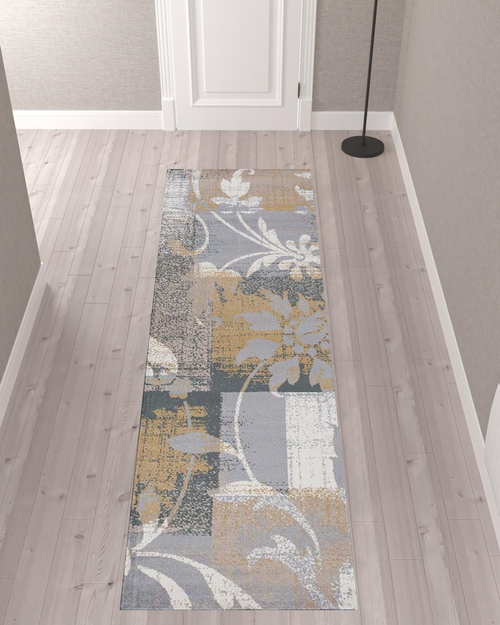 10' Beige And Black Floral Distressed Runner Rug