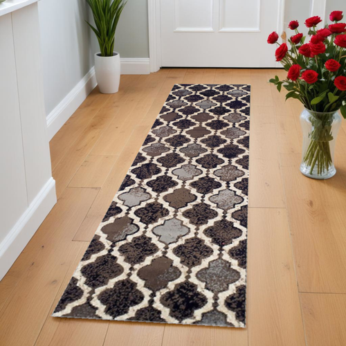8' Brown Black And Ivory Quatrefoil Distressed Runner Rug