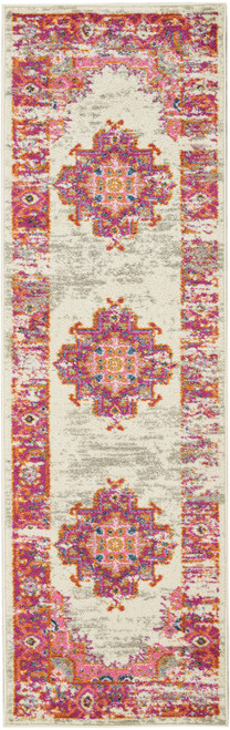 6' Ivory And Fuchsia Oriental Distressed Runner Rug