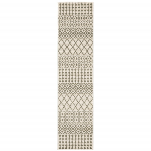 2' X 8' Ivory And Grey Geometric Power Loom Stain Resistant Runner Rug Polypropylene