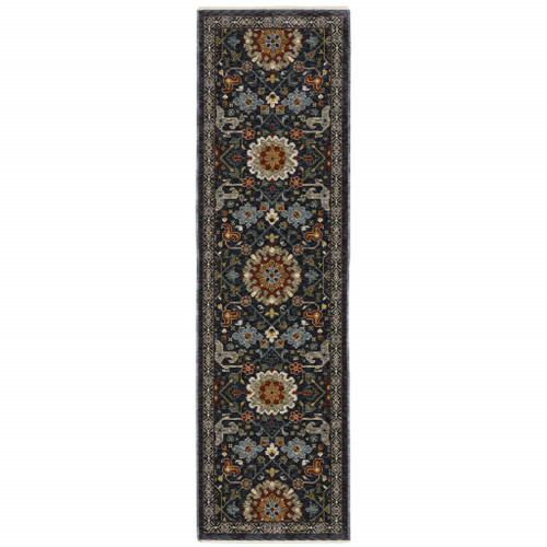 2' X 8' Blue Red Ivory And Gold Oriental Power Loom Stain Resistant Runner Rug With Fringe