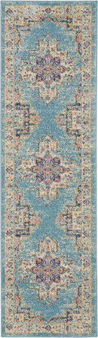 8' Blue And Ivory Southwestern Distressed Runner Rug