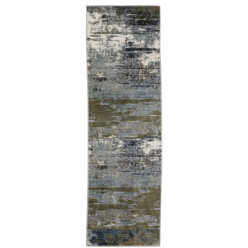 2' X 8' Blue Green Grey Brown And Beige Abstract Power Loom Stain Resistant Runner Rug