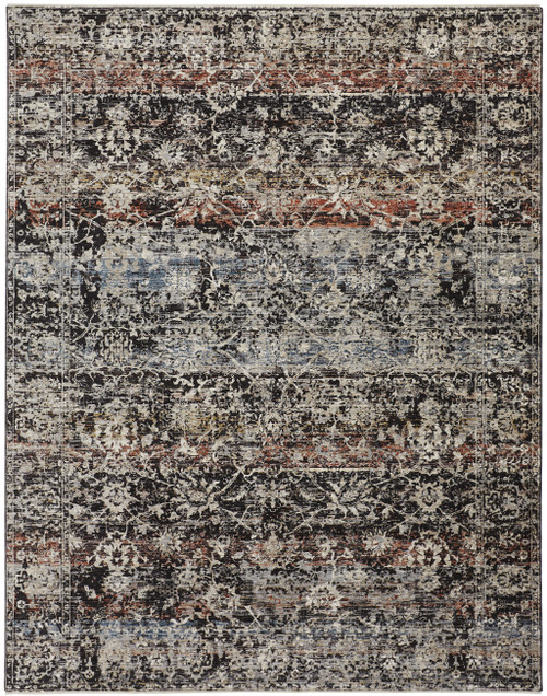 10' X 13' Gray Black And Red Abstract Distressed Area Rug With Fringe