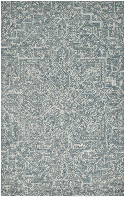 9' X 12' Blue Ivory And Green Wool Floral Tufted Handmade Stain Resistant Area Rug