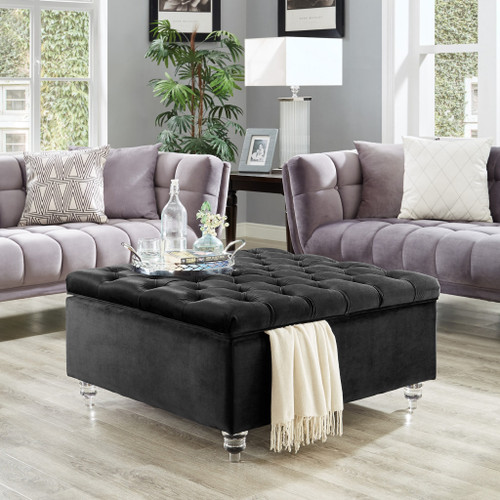 36" Black Velvet With White And Clear Tufted Storage Ottoman
