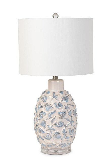 Set of Two 26" Blue And Ivory Ceramic Seashell Table Lamps With White Shade