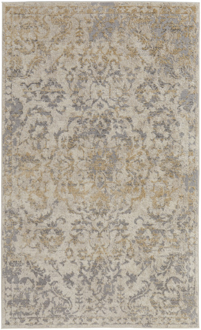 5' X 8' Gray Ivory And Gold Floral Power Loom Distressed Area Rug