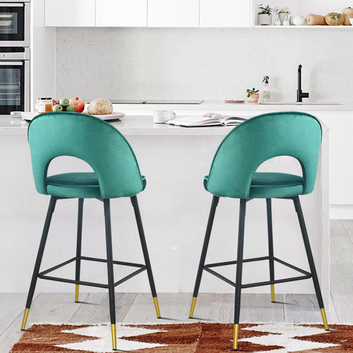 Set Of Two 39" Green Velvet And Black Open Low Back Bar Height Chairs