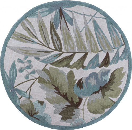 6' Ivory Teal Hand Tufted Tropical Leaves Round Indoor Area Rug