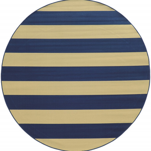 8’ Round Blue and Ivory Striped Indoor Outdoor Area Rug
