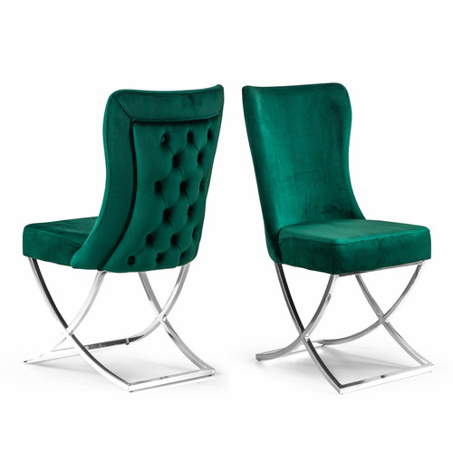 Set Of Two Tufted Green and Chrome Upholstered Microfiber Dining Chairs