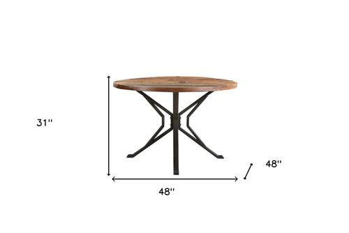 48" Brown And Black Rounded Solid Wood And Metal Pedestal Base Dining Table