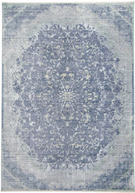 8' X 10' Blue Gray And Silver Abstract Distressed Area Rug With Fringe