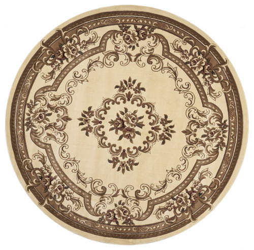 8' Ivory Machine Woven Hand Carved Floral Medallion Round Indoor Area Rug