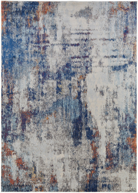 5' X 8' Ivory And Blue Abstract Power Loom Distressed Stain Resistant Area Rug