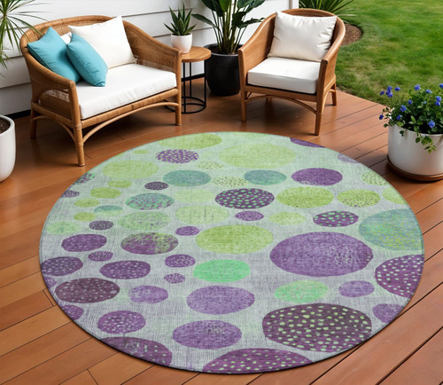 8' Purple And Lime Green Round Geometric Washable Indoor Outdoor Area Rug