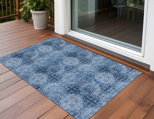 3' X 4' Navy Blue Floral Medallion Washable Non Skid Indoor Outdoor Area Rug