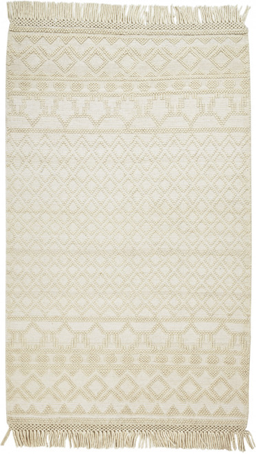 8' X 10' Ivory And Tan Wool Geometric Hand Woven Area Rug With Fringe