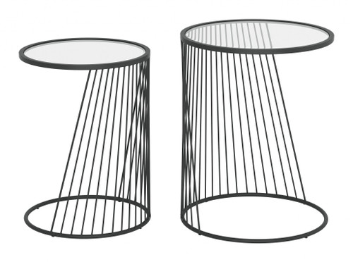 Set Of Two 16" Black And Clear Glass Round Nested Tables