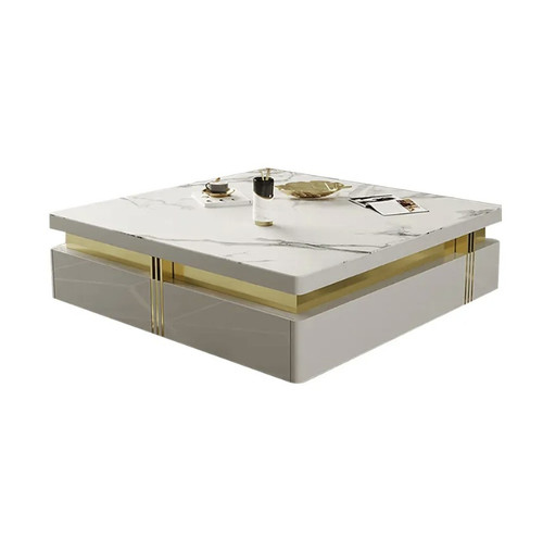 43" White Faux Marble and Gold Square Coffee Table With Storage
