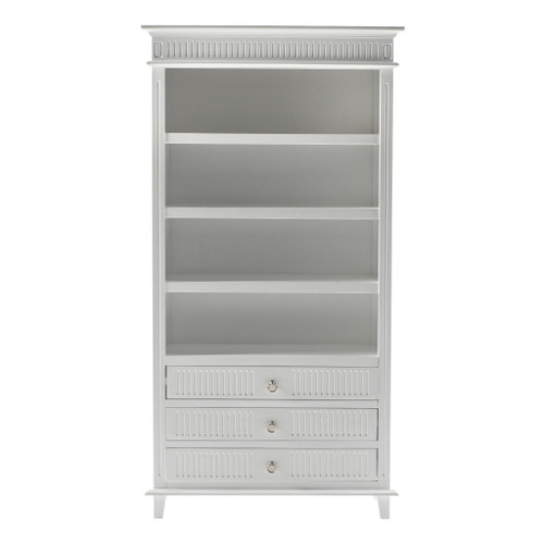 Antiqued White Solid Wood Four Tier Bookcase with Three Drawers