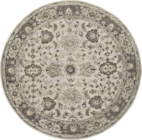 10' Gray Ivory And Taupe Round Wool Floral Tufted Handmade Stain Resistant Area Rug
