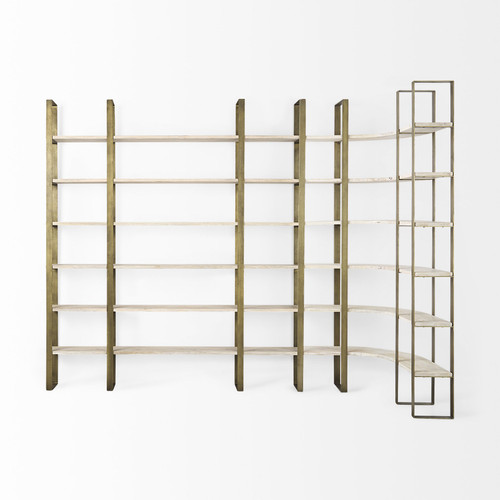 90" Natural and Gold Iron and Solid Wood Curved Six Tier Corner Bookcase