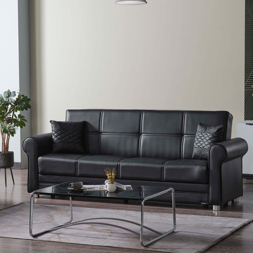 89" Black Faux Leather Convertible Futon Sleeper Sofa And Toss Pillows With Storage