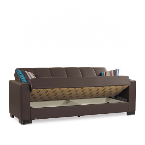 87" Brown Faux Leather Convertible Futon Sleeper Sofa And Toss Pillows With Storage