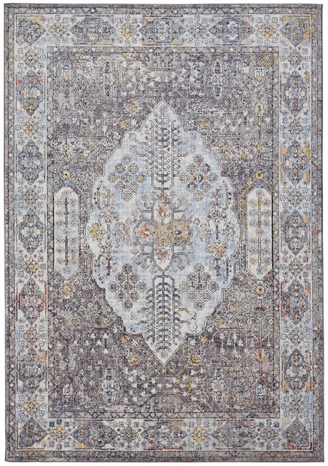 5' X 8' Gray Blue And Gold Floral Stain Resistant Area Rug