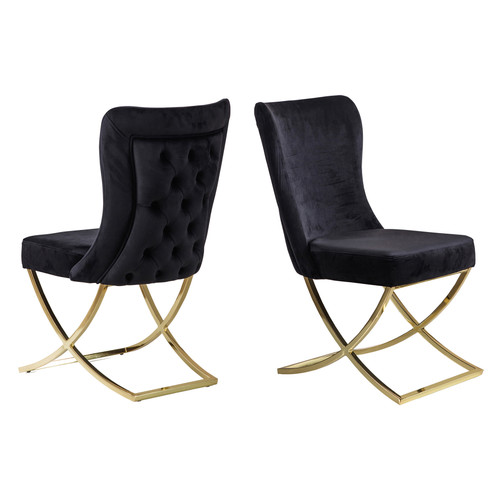 Set Of Two Tufted Black and Gold Upholstered Microfiber Dining Chairs