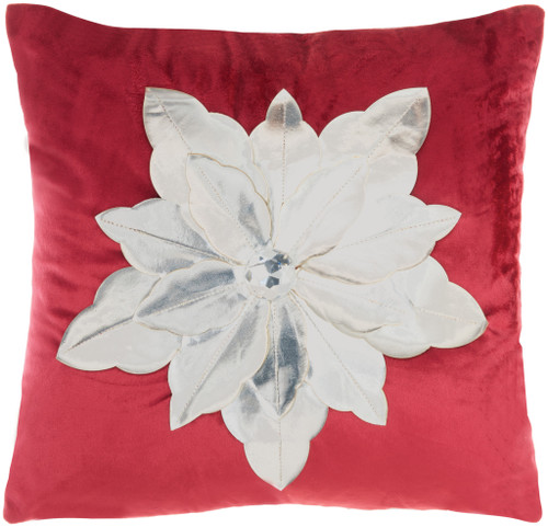 16" X 16" Red And Silver Zippered Handmade 100% Cotton Christmas Throw Pillow