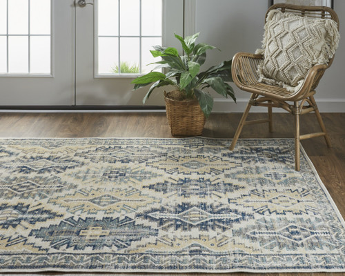 7' X 10' Green Blue And Ivory Abstract Power Loom Distressed Stain Resistant Area Rug