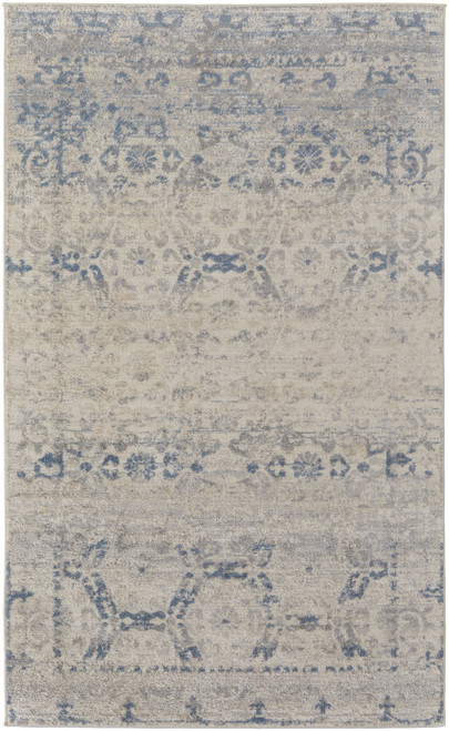 5' X 8' Blue And Ivory Power Loom Distressed Area Rug