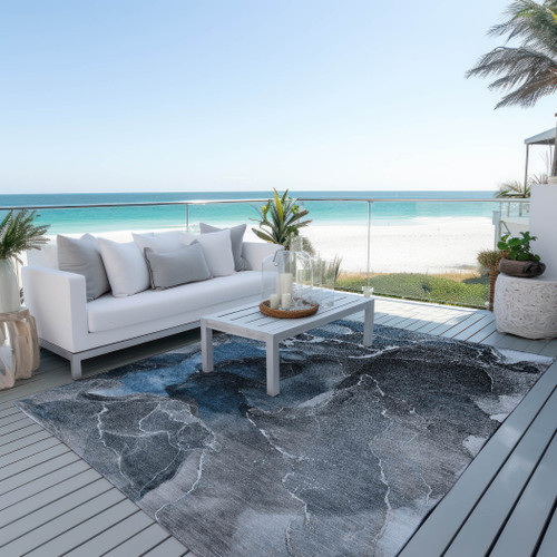 3' X 4' Ivory Blue and Gray Abstract Washable Non Skid Indoor Outdoor Area Rug