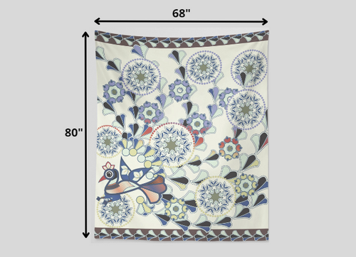 Off-White Peacock and Flowers 80" x 68" Hanging Wall Tapestry